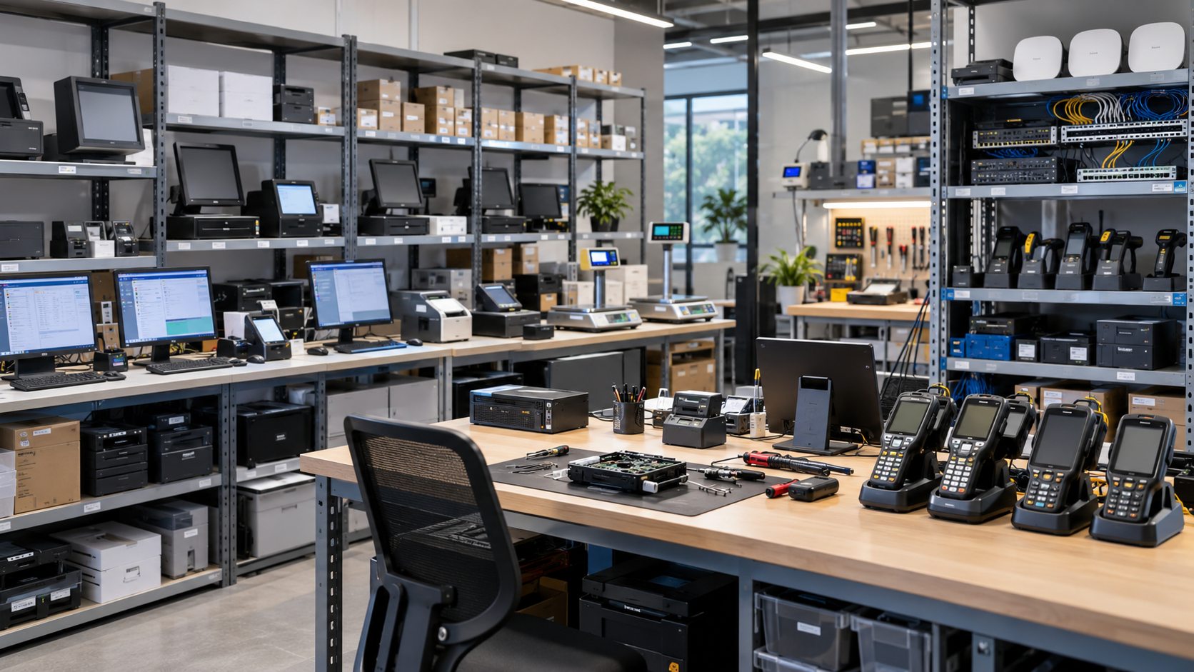 Il laboratorio: casse, stampanti, bilance, palmari e apparati di rete in preparazione