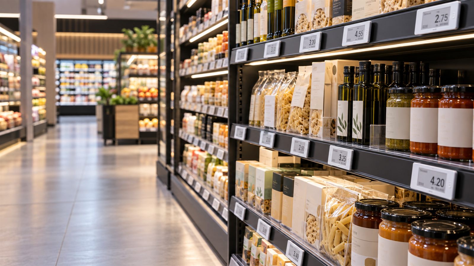 Scaffali di un supermercato con le etichette elettroniche dei prezzi