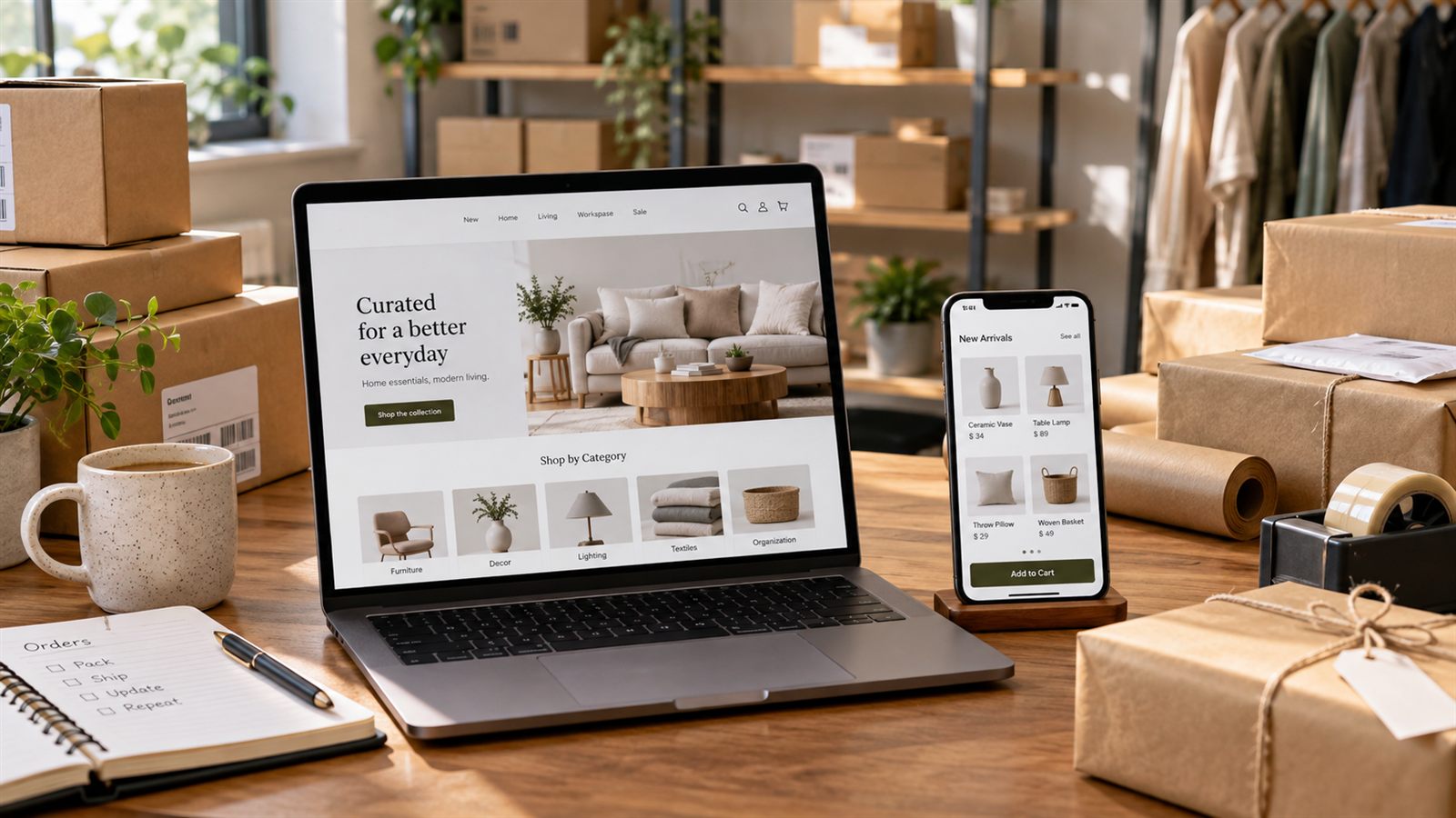 Negozio online aperto su portatile e smartphone, con i pacchi pronti per la spedizione