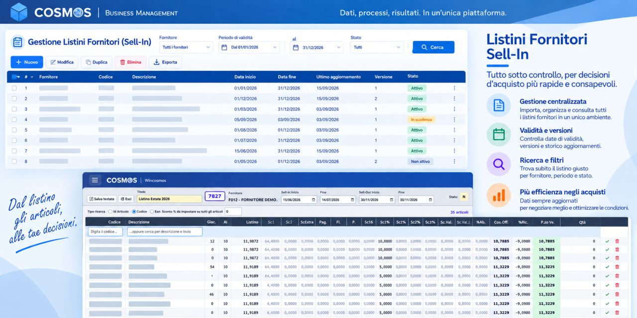 WinCosmos, gestione dei listini fornitori sell-in con validità e condizioni